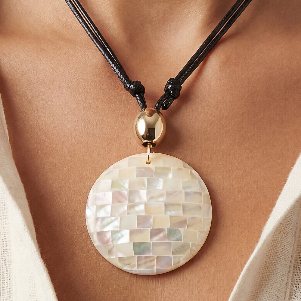 Mosaic Shell Disc Pendant Cord Necklace