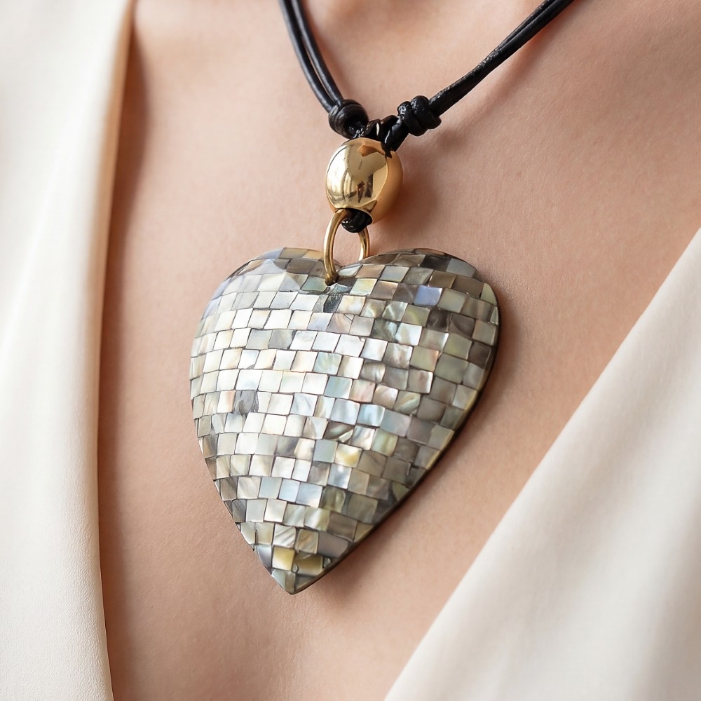 Large Mosaic Shell Heart Pendant Cord Necklace