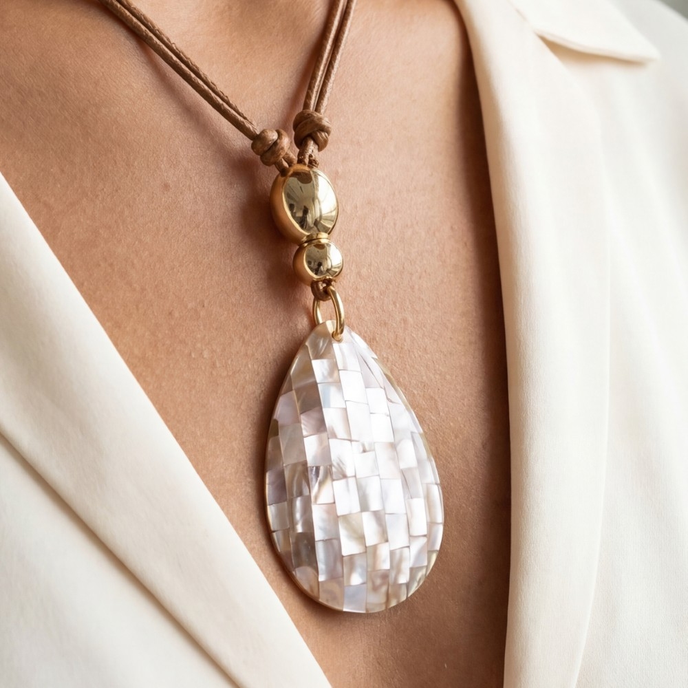 Large Mosaic Tear Drop Pendant Cord Necklace