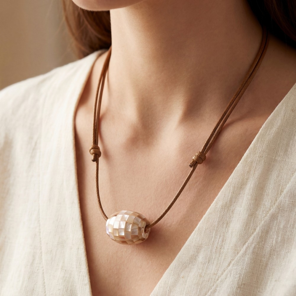 Mother Of Pearl Mosaic Bead Pendant Adjustable Cord Necklace
