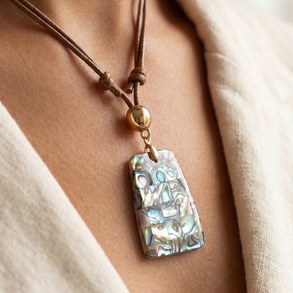 Shell Grid Rectangle Pendant Layered Cord Necklace