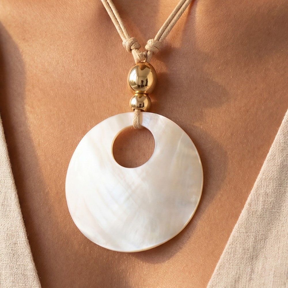 Large Shell Hoop Pendant Layered Cord Necklace