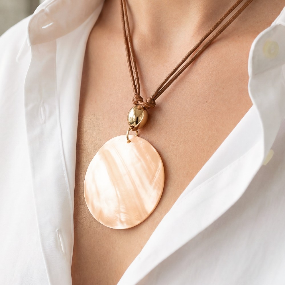 Large Sea Shell Disc Pendant Layered Cord Necklace