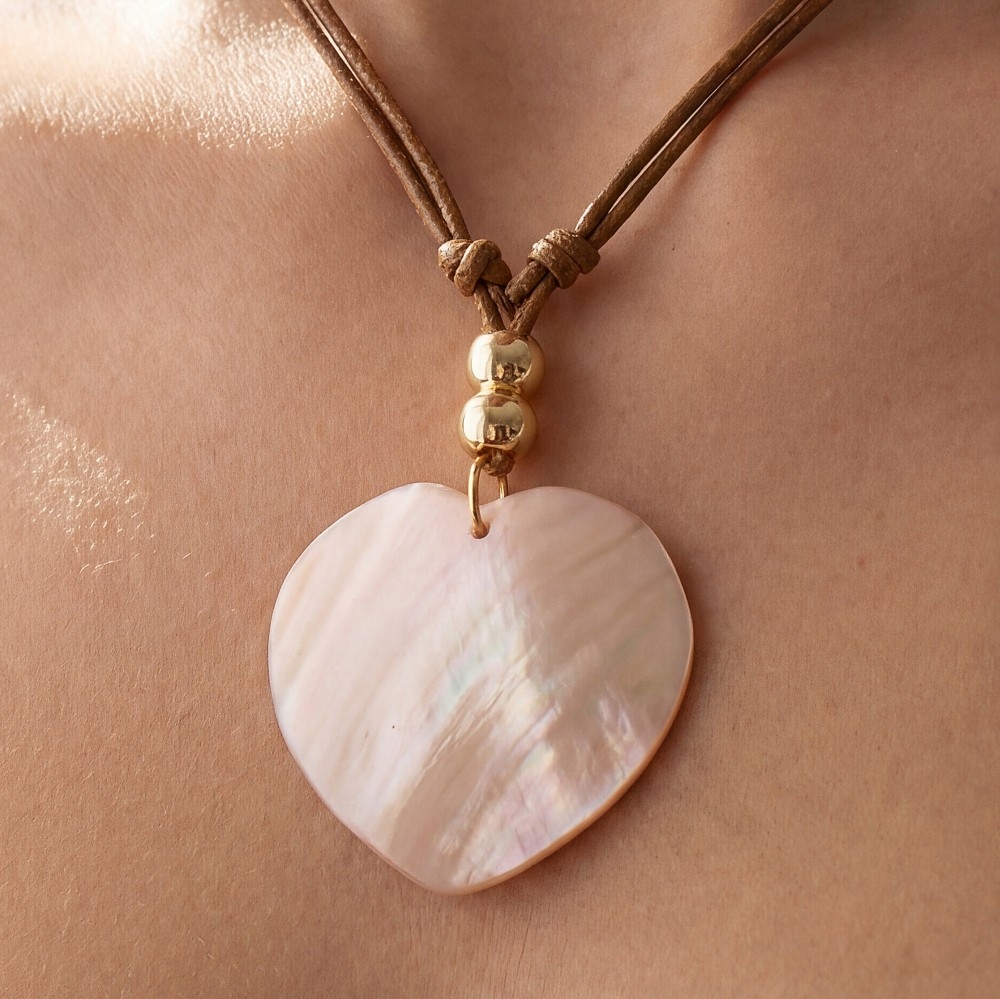 Large Sea Shell Heart Pendant Metallic Beads Cord Necklace
