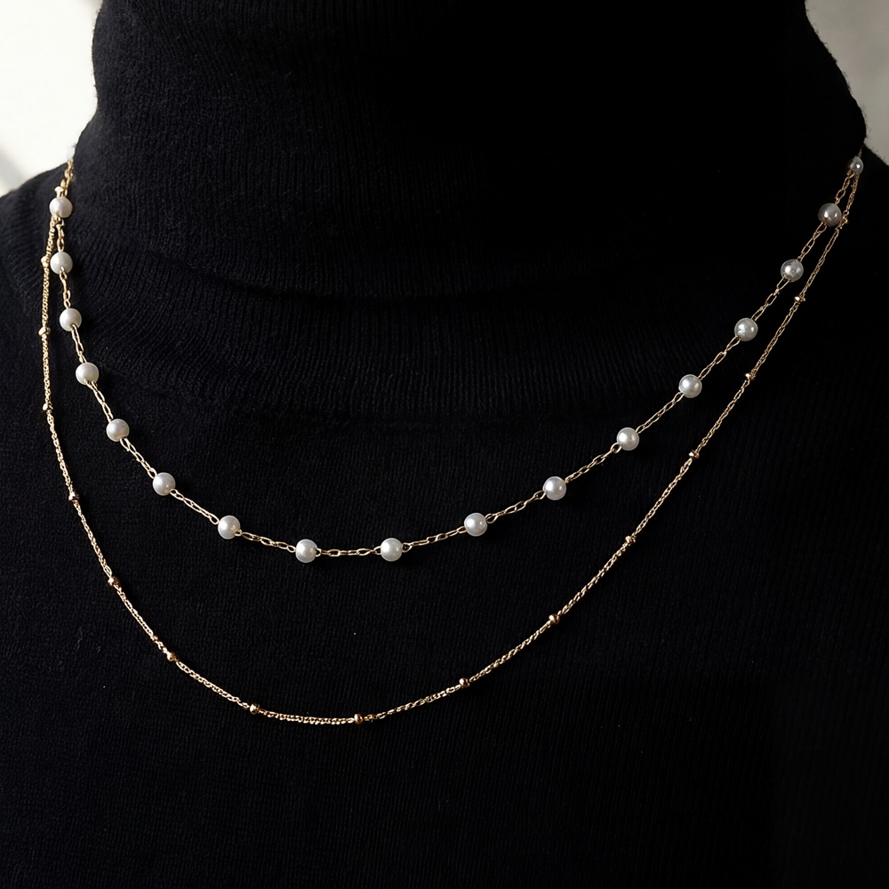 Dainty Layered Chain Pearl Bead Necklace