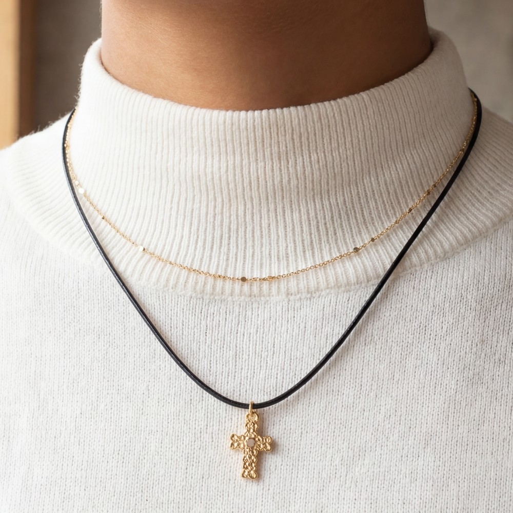 Layered Chain Cord Cross Pendant Necklace