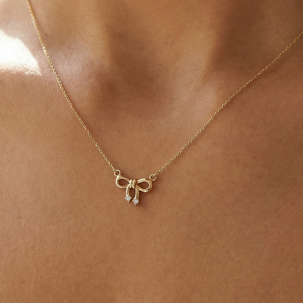Cz Ribbon Bow Pendant Necklace