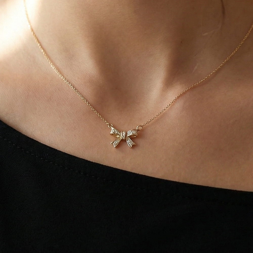 Cz Pave Ribbon Bow Pendant Necklace