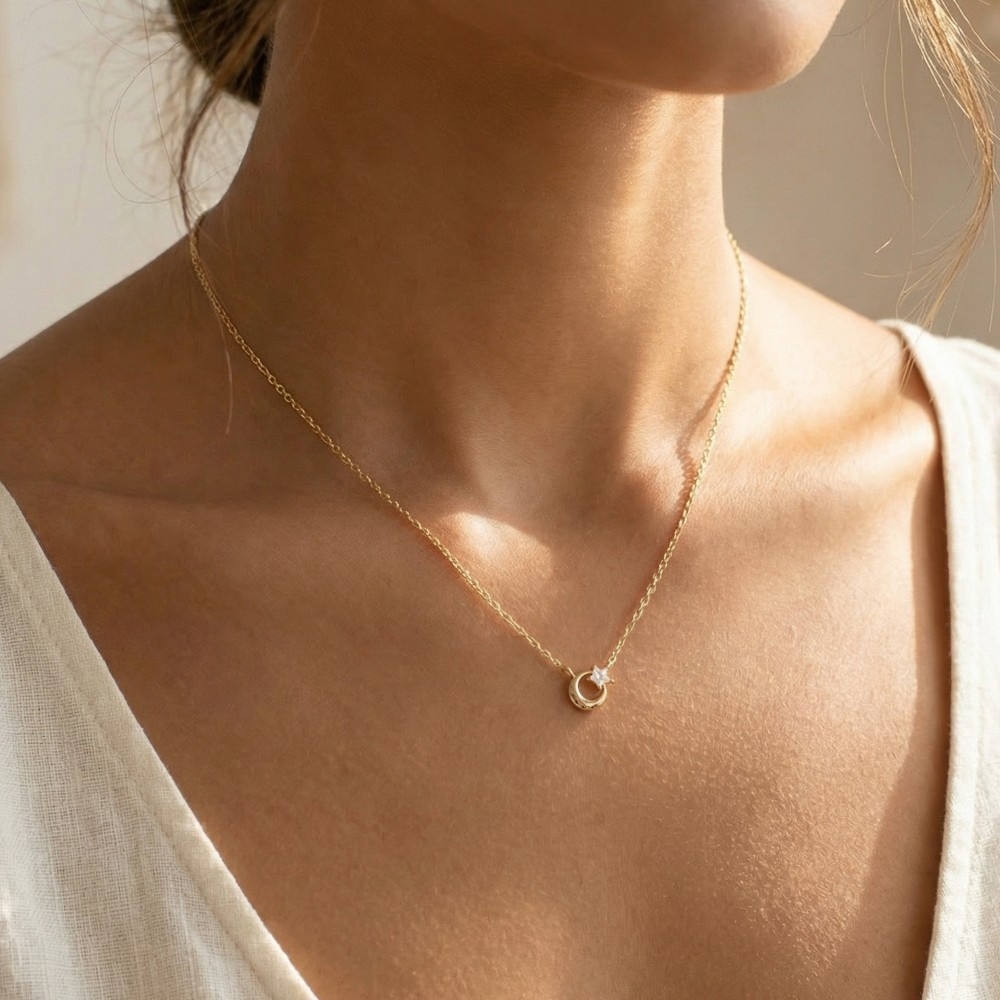 Cz Moon And Star Charm Necklace