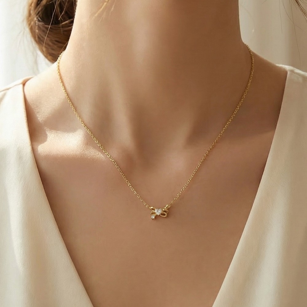 Cz Ribbon Bow Pendant Necklace
