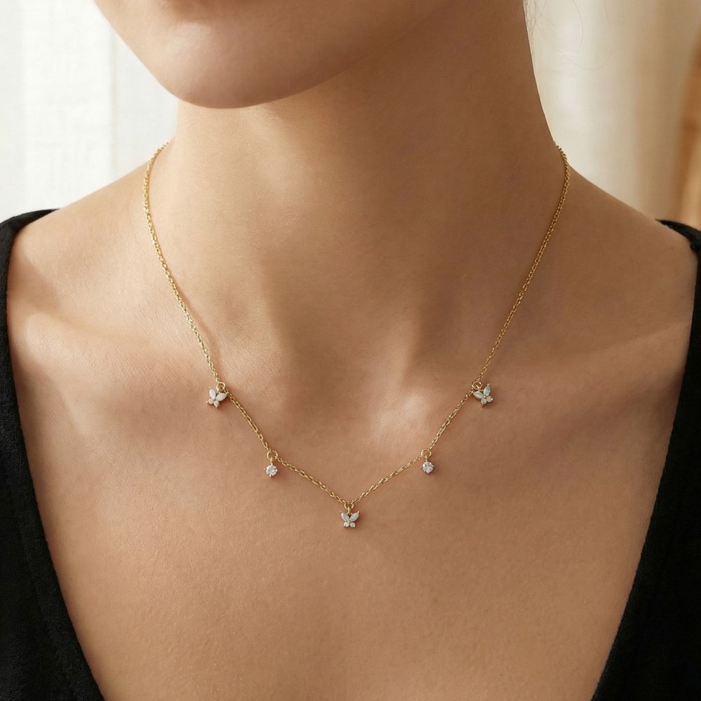 Triple Cz Butterfly Charms Necklace