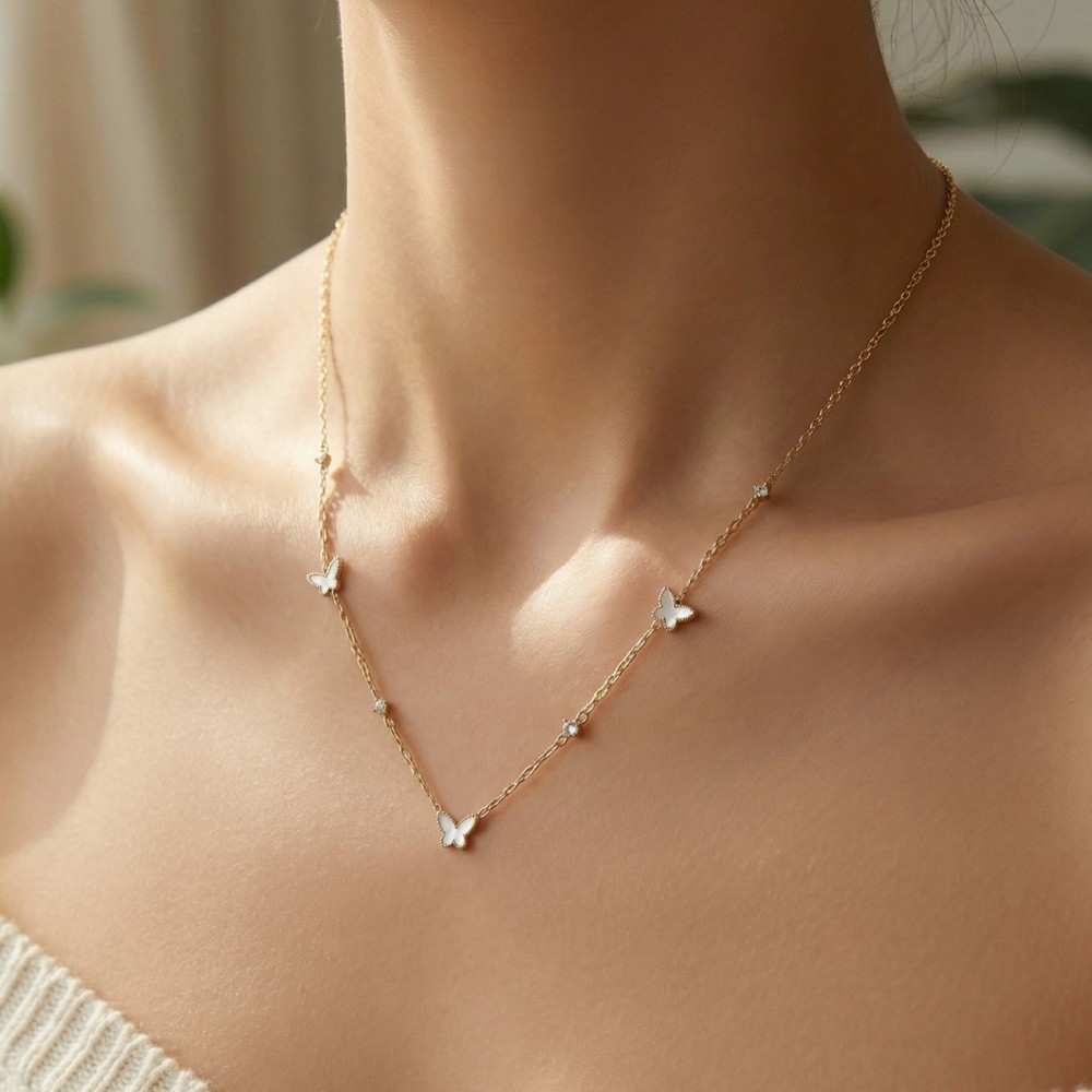 Cz Enamel Butterfly Station Necklace