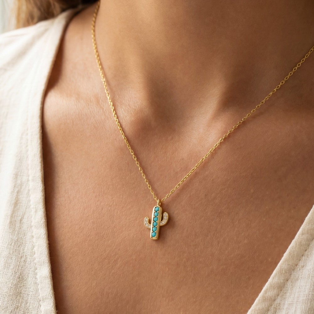 Gold Dipped Turquoise And Cz Cactus Pendant Necklace