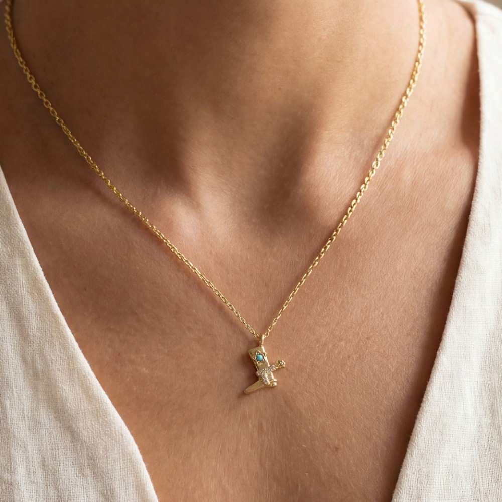 Gold Dipped Cz Studded Cowboy Boot Pendant Necklace
