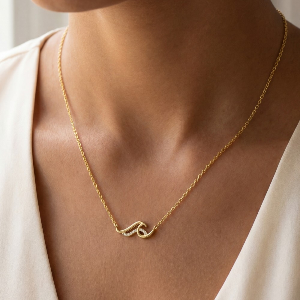 Gold Dipped Cz Pave Wave Pendant Necklace