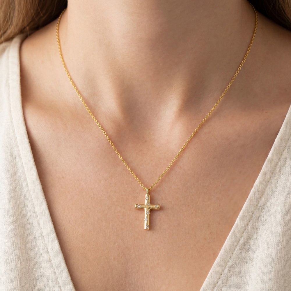 Gold Dipped Cz Studded Cross Pendant Necklace