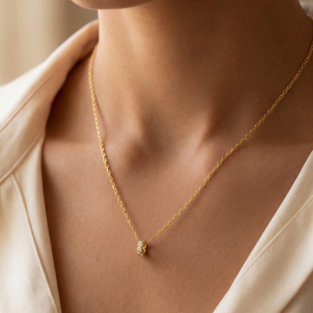 Gold Dipped Mini Cz Studded Ring Pendant Necklace