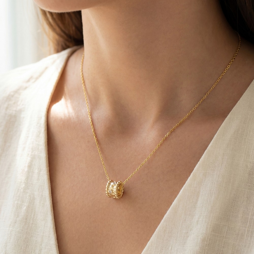 Gold Dipped Cz Studded Wide Ring Pendant Necklace