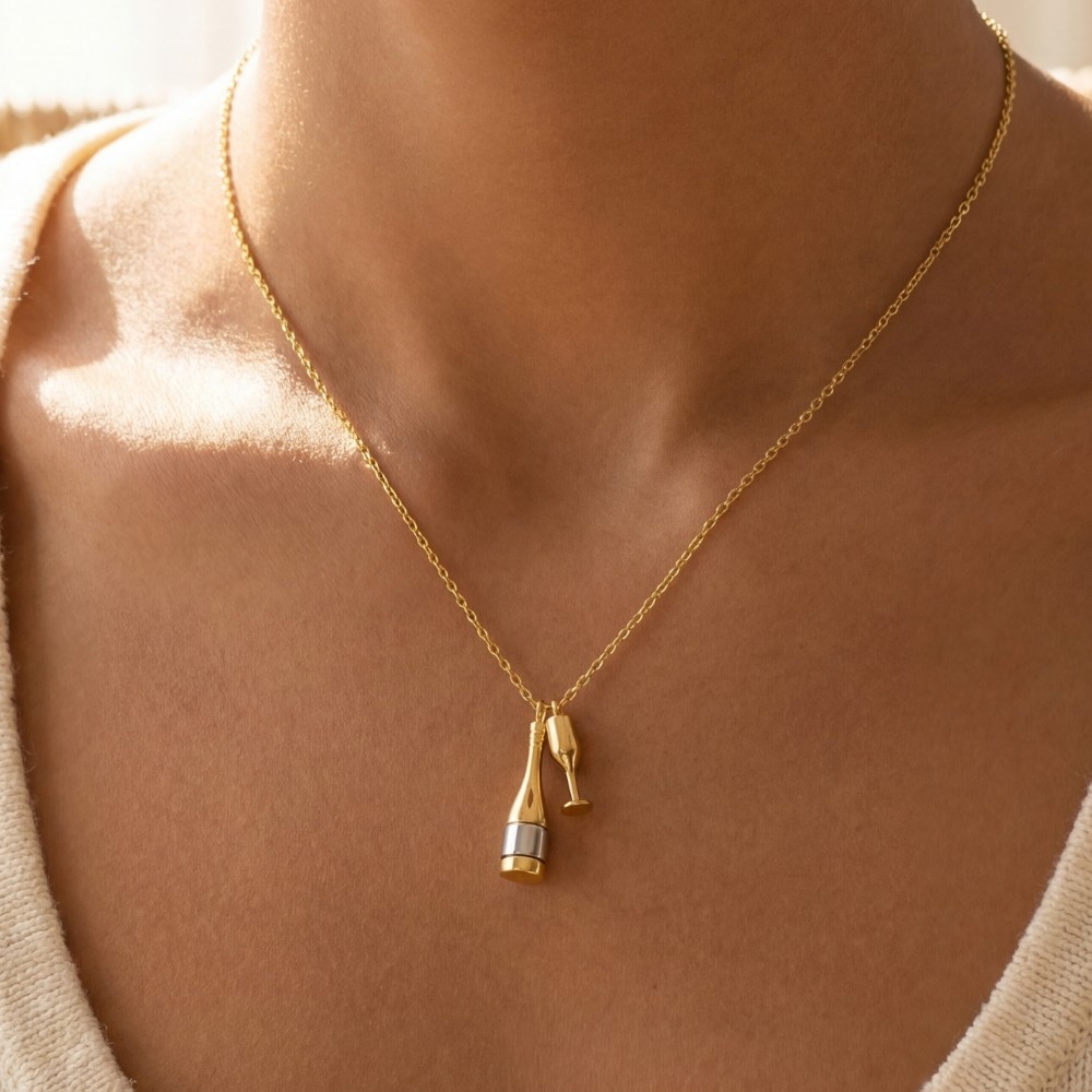 Gold Dipped Champagne Bottle And Glass Charms Necklace