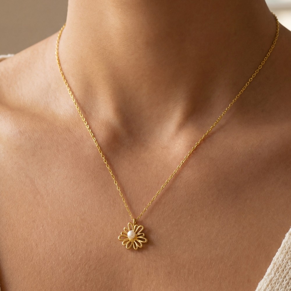 Gold Dipped Pearl Stud Flower Pendant Necklace