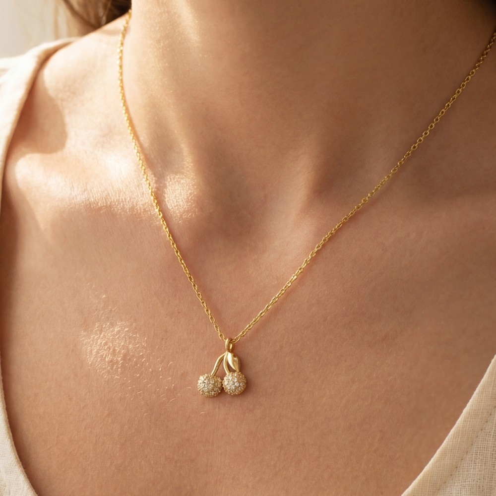 Gold Dipped Cz Pave Cherry Pendant Necklace