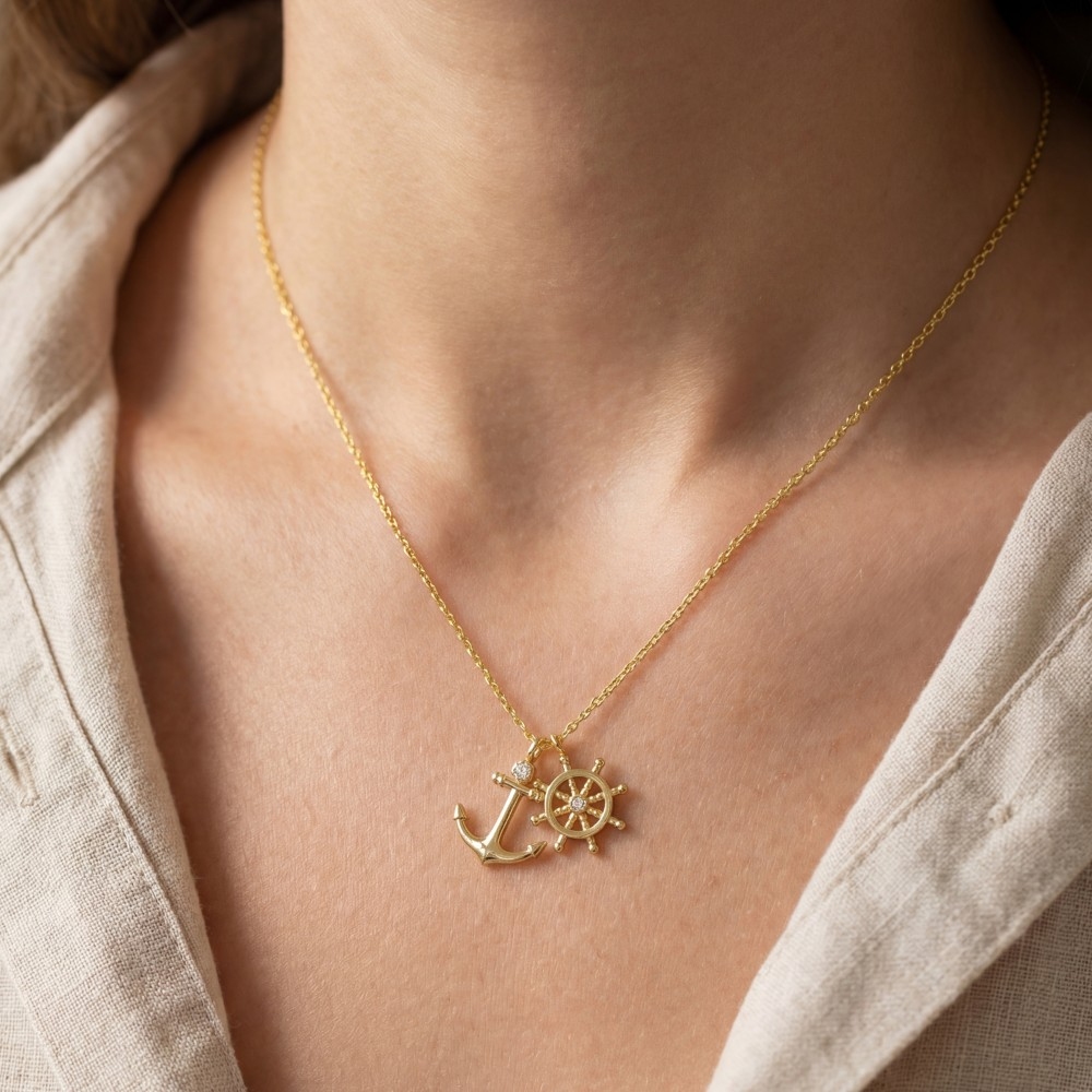 Gold Dipped Anchor And Wheel Charms Necklace