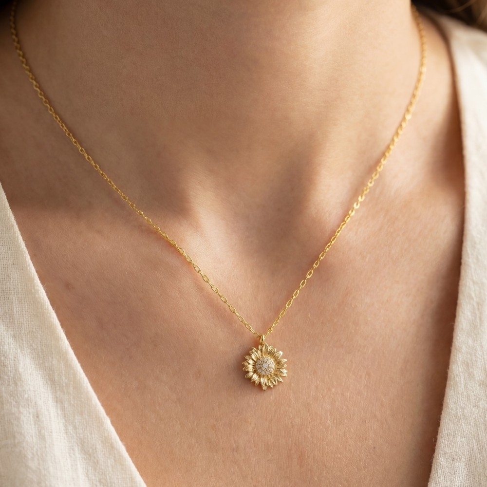 Gold Dipped Cz Pave Flower Pendant Necklace