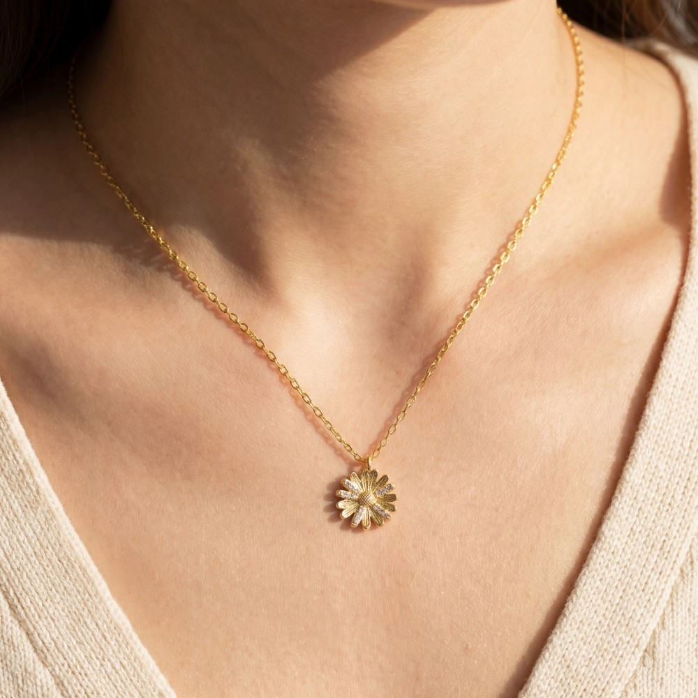 Gold Dipped Cz Studded Flower Pendant Necklace