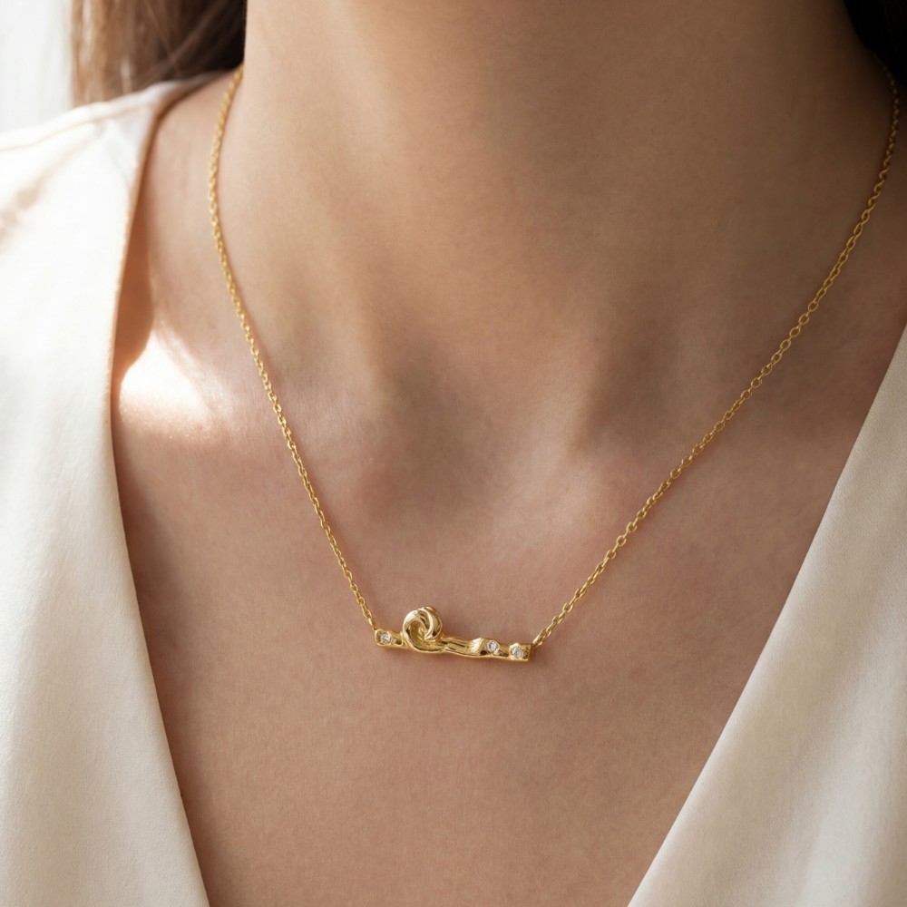 Gold Dipped Mini Cz Studs Wave Bar Pendant Necklace