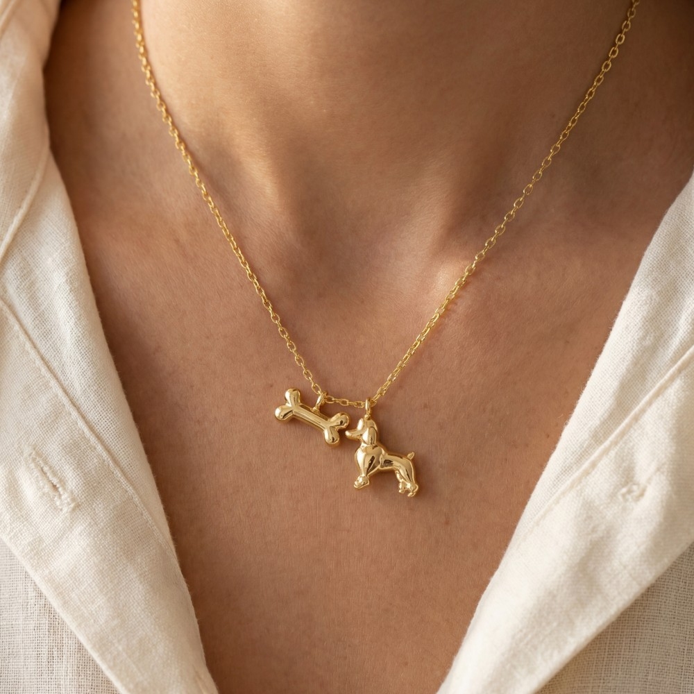 Gold Dipped Dog And Bone Pendants Necklace
