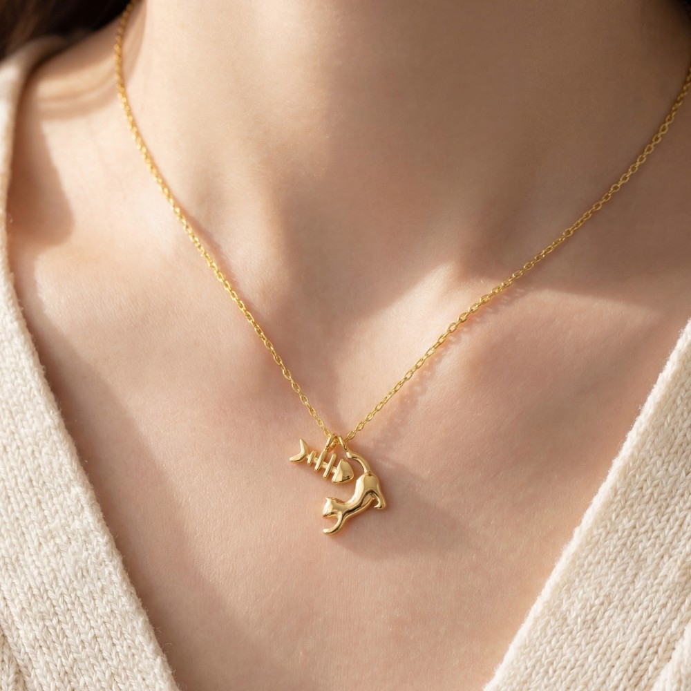 Gold Dipped Cat And Fish Bones Charms Necklace