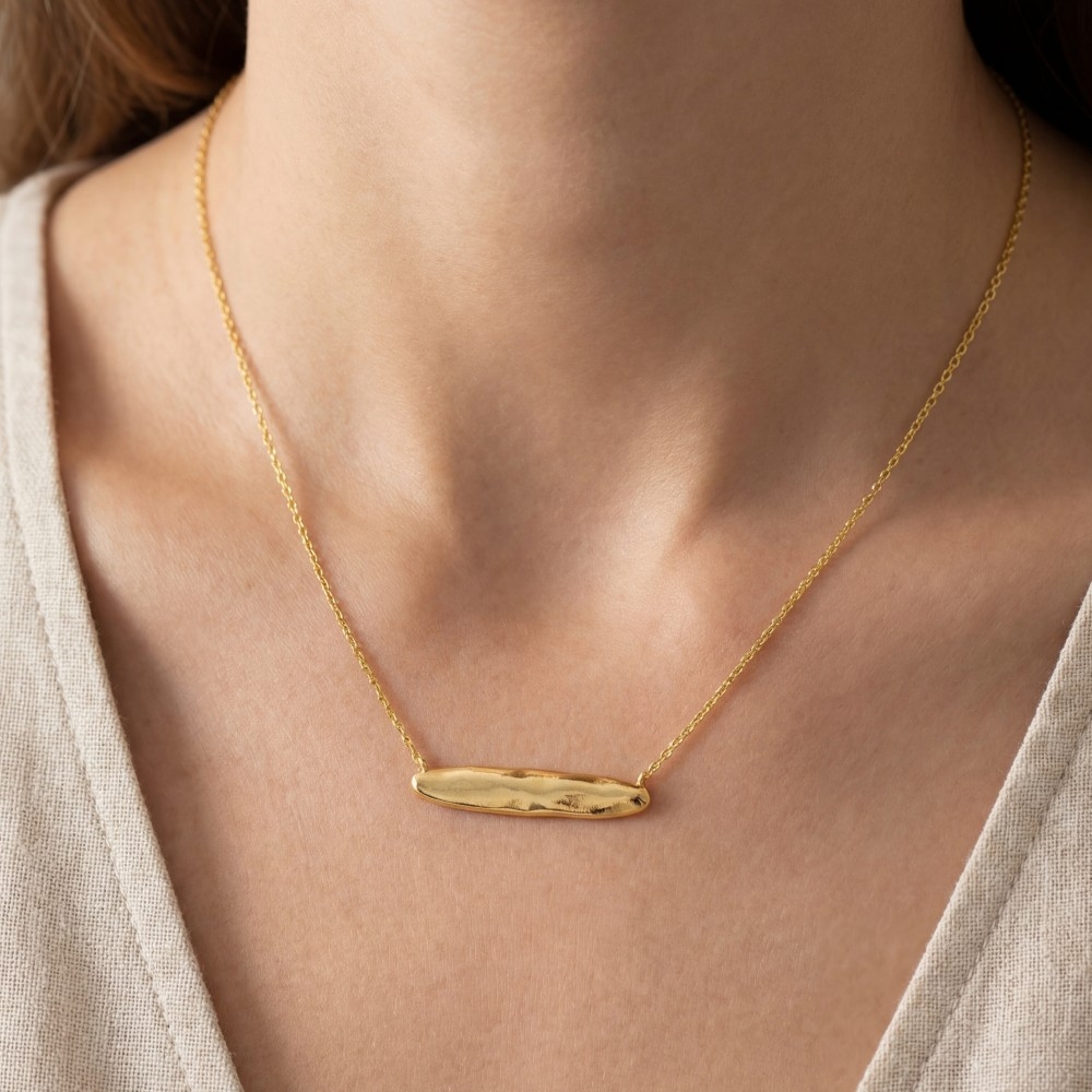 Gold Dipped Wide Hammered Oval Pendant Necklace