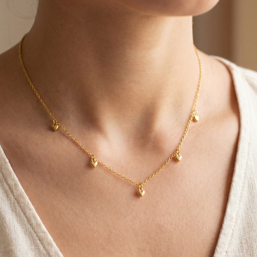 Gold Dipped Mini Heart Station Charms Chain Necklace