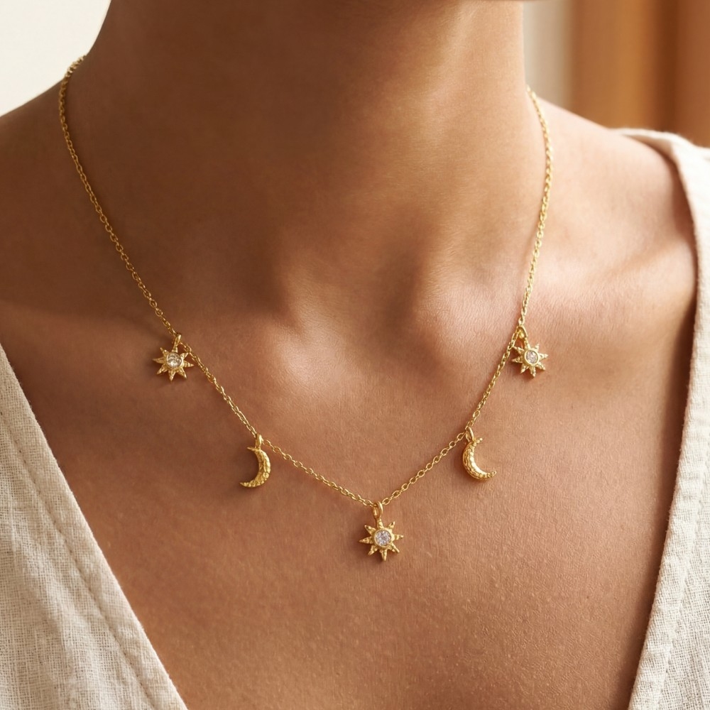 Gold Dipped Cz Pave Stars Moon Station Charms Necklace
