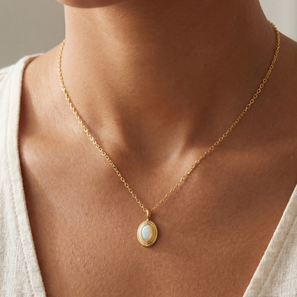 Gold Dipped Vintage Oval Opal Pendant Necklace
