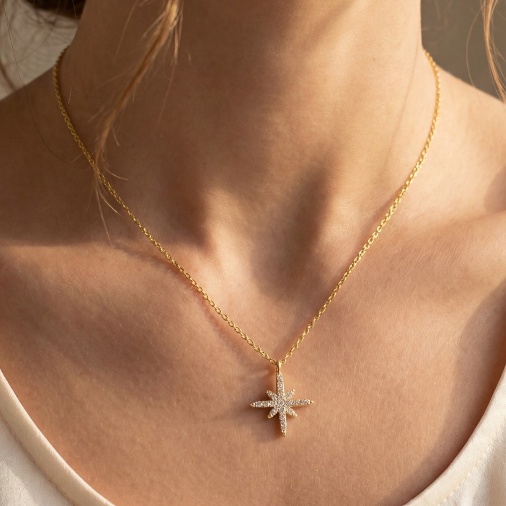 Gold Dipped Cz Pave North Star Pendant Necklace