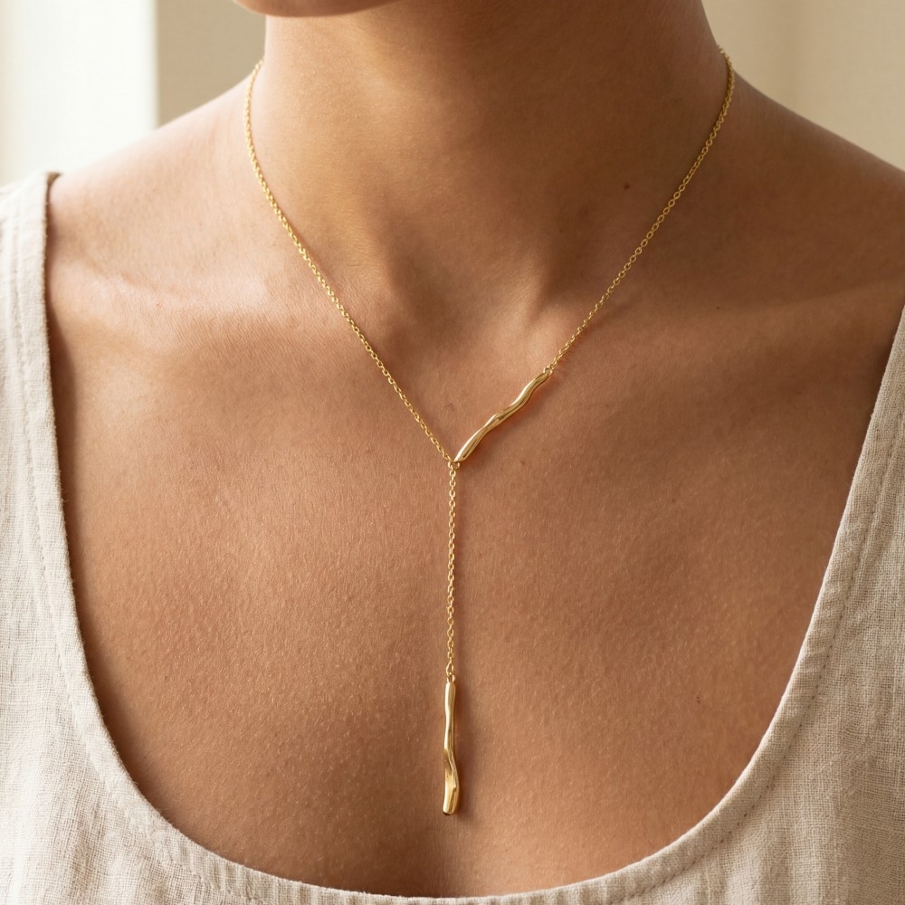Gold Dipped Double Irregular Bar Y Chain Necklace
