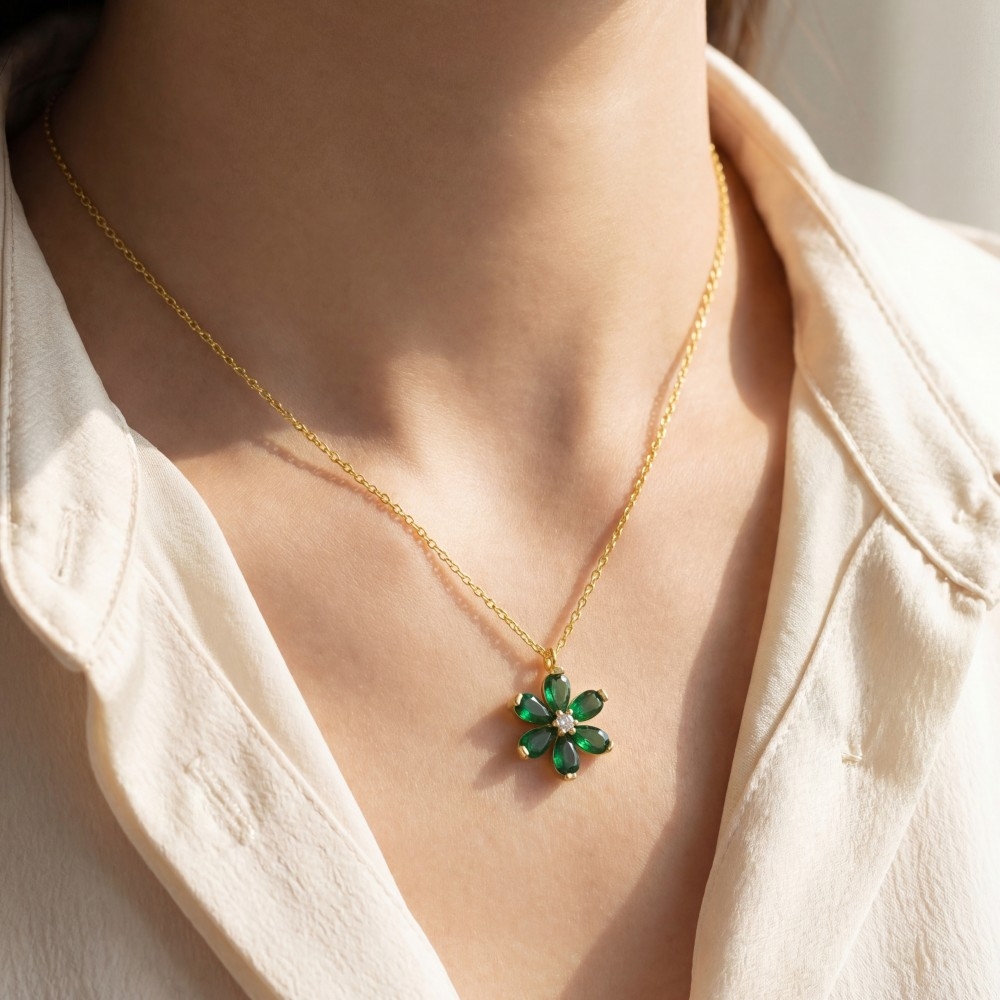 Gold Dipped Green Cz Flower Pendant Necklace