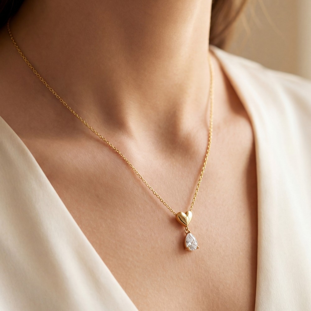 Gold Dipped Heart And Cz Tear Pendant Necklace