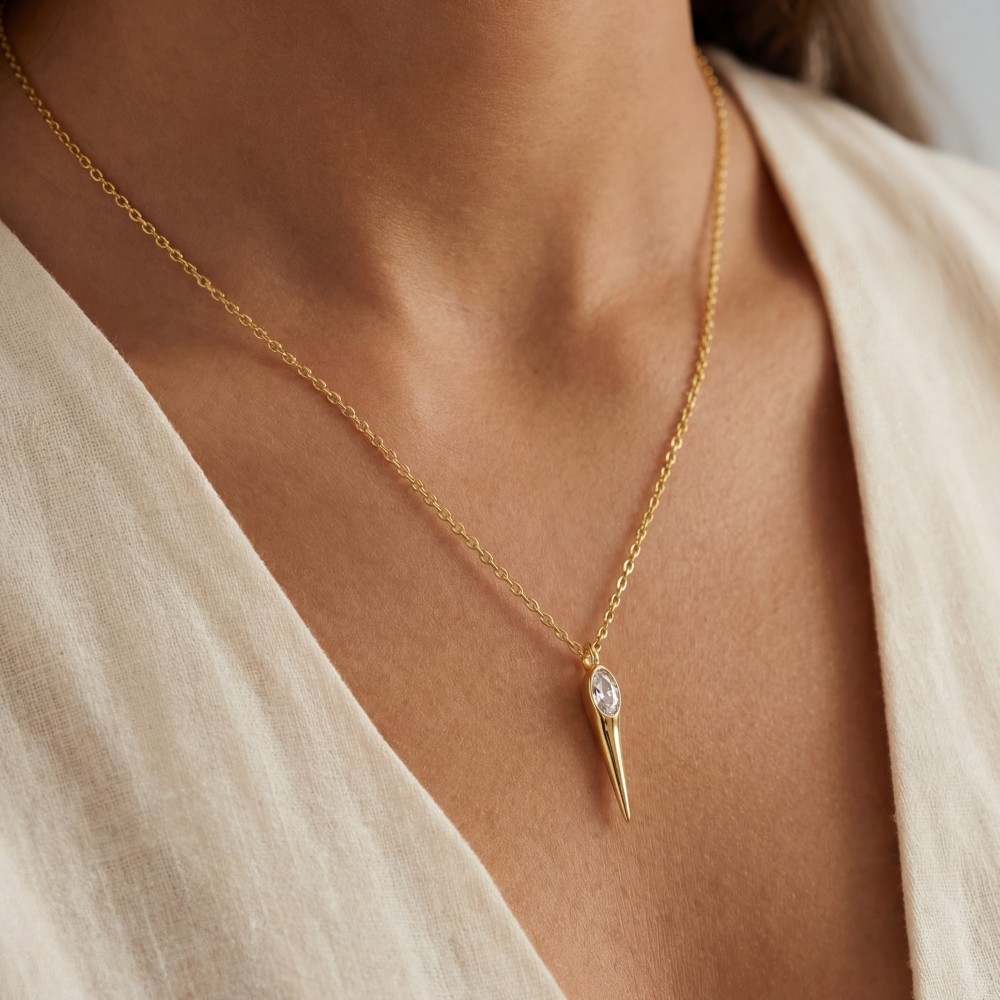 Gold Dipped Oval Cz Point Pendant Necklace