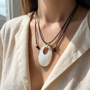 Mop Oval Cutout Pendant Adjustable Cord Necklace