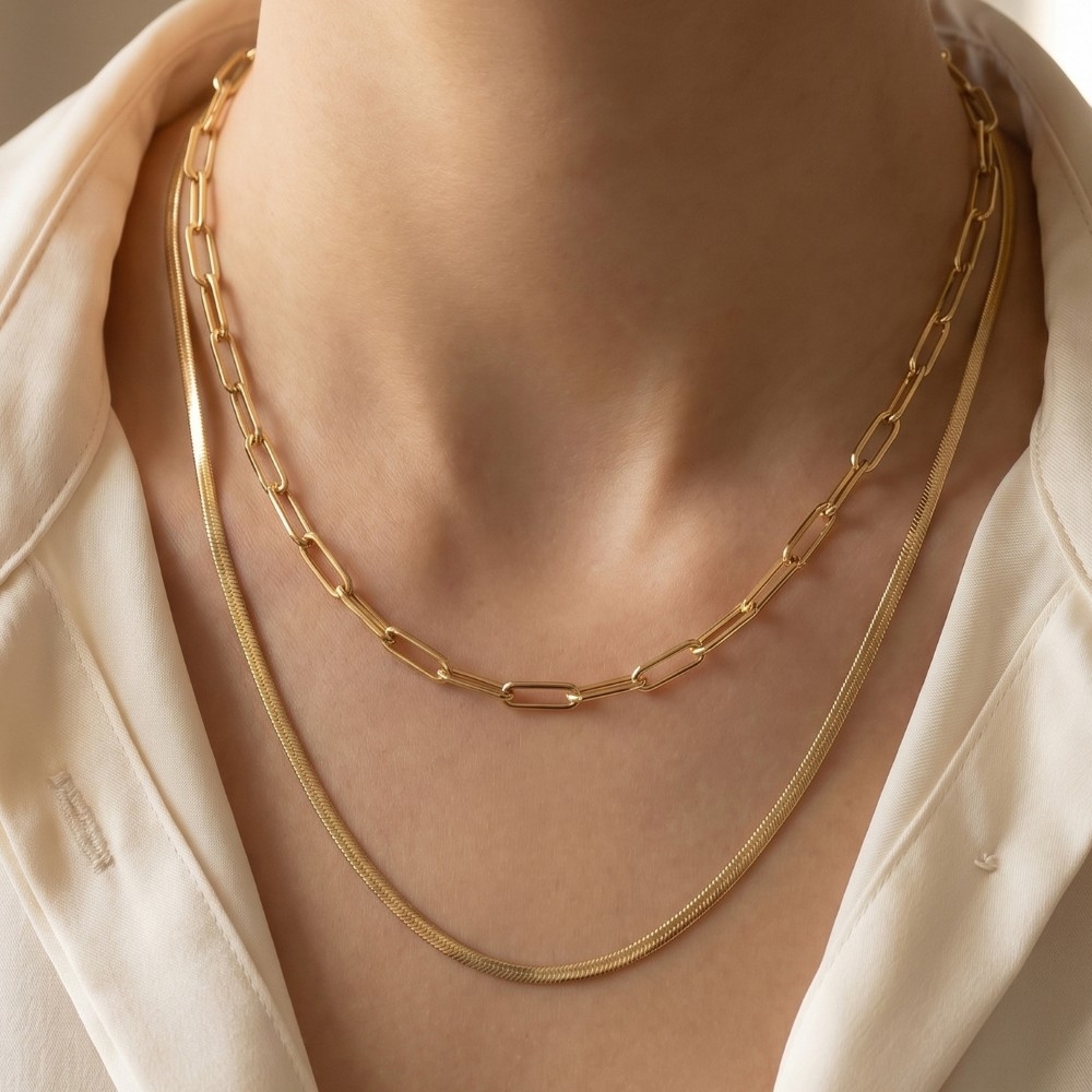 Layered Paperclip & Herringbone Chain Necklace