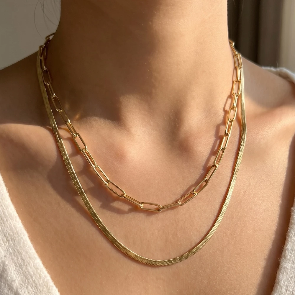 Layered Herringbone Paperclip Chain Necklace