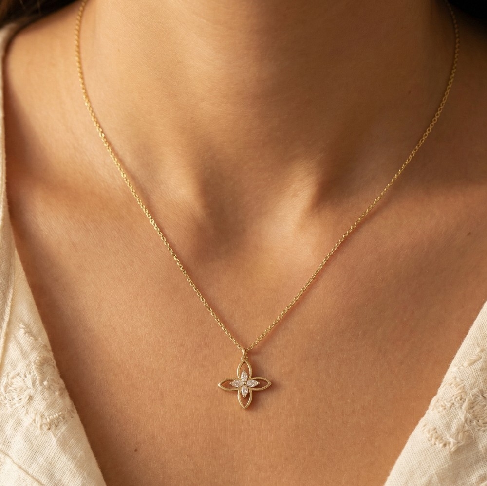 Cz Four Petal Flower Pendant Necklace