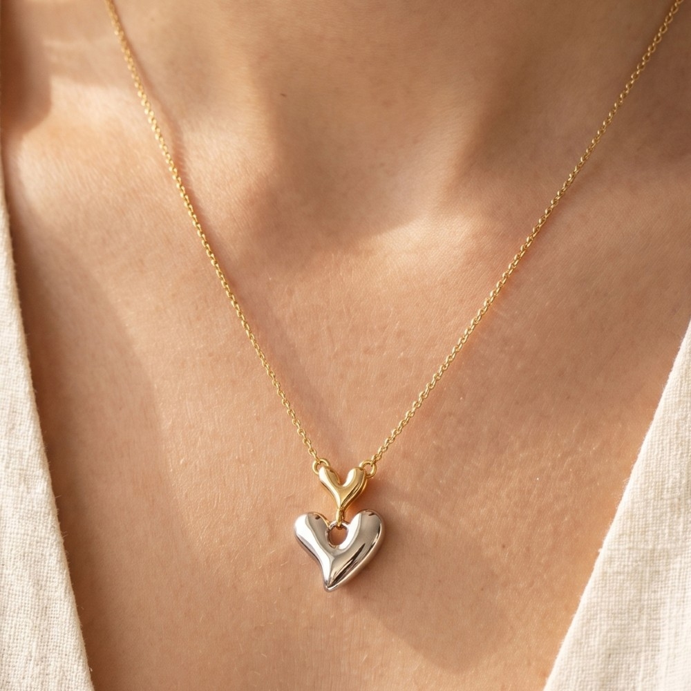 Two-Tone Puffy Heart Pendant Necklace