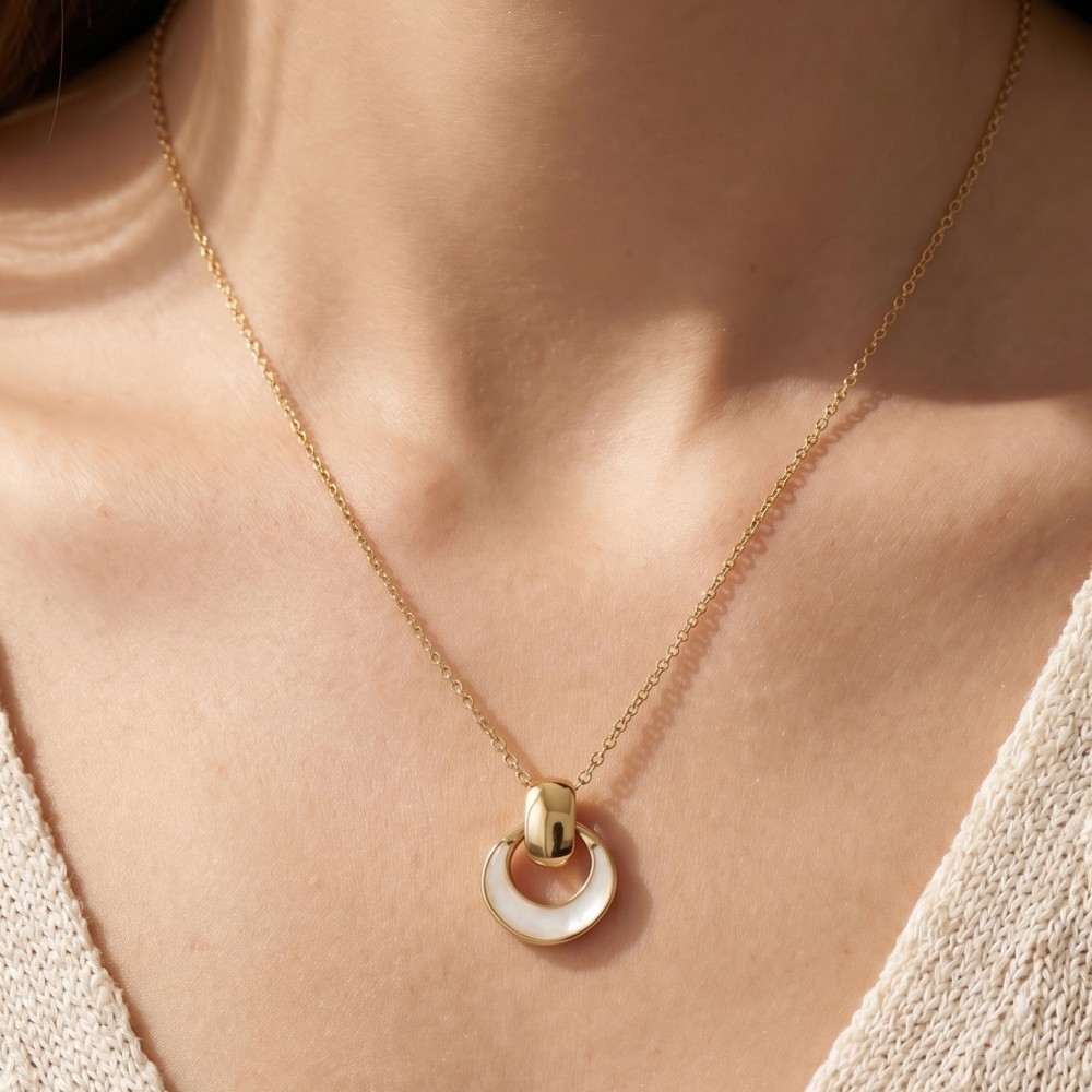 Coin & Shell Crescent Moon Pendant Necklace