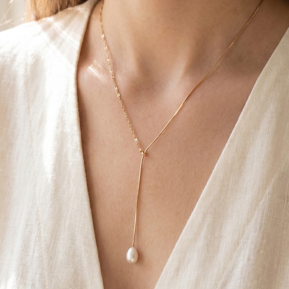 Mixed Chain Pearl Drop Lariat Necklace