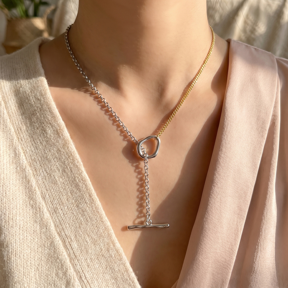 Mixed Chain Sculptural Knot Lariat T Bar Necklace