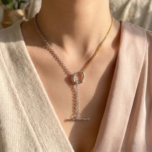 Mixed Chain Sculptural Knot Lariat T Bar Necklace