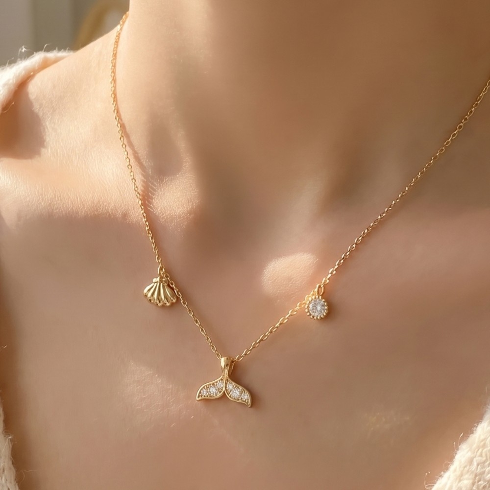 Cz Whale Tail Shell Sea Life Charm Necklace